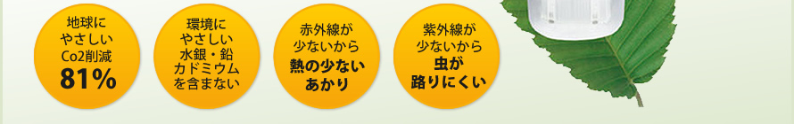 地球にやさしい：CO2削減81％／地球にやさしい：水銀・鉛・カドミウムを含まない／赤外線が少ないから熱の少ないあかり／紫外線が少ないから虫が路りにくい