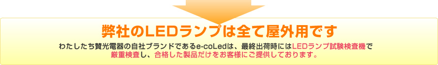 弊社のLEDランプは全て屋外用です　わたしたち賛光電器の自社ブランドであるe-coLedは、最終出荷時にはLEDランプ試験検査機で厳重検査し、合格した製品だけをお客様にご提供しております。